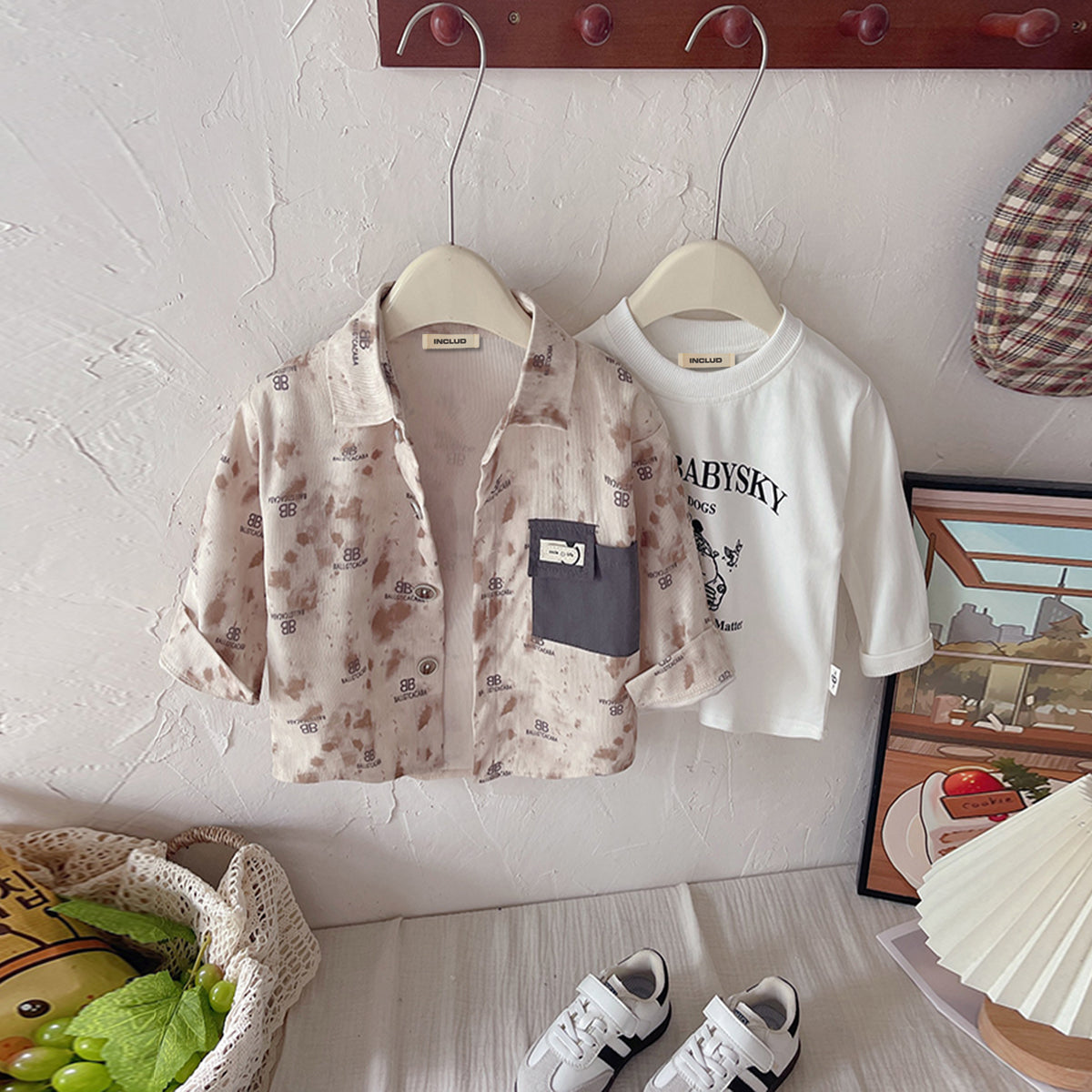 Boys Brown Abstract Printed Shirt With Printed T-Shirt & Pants Set Sets