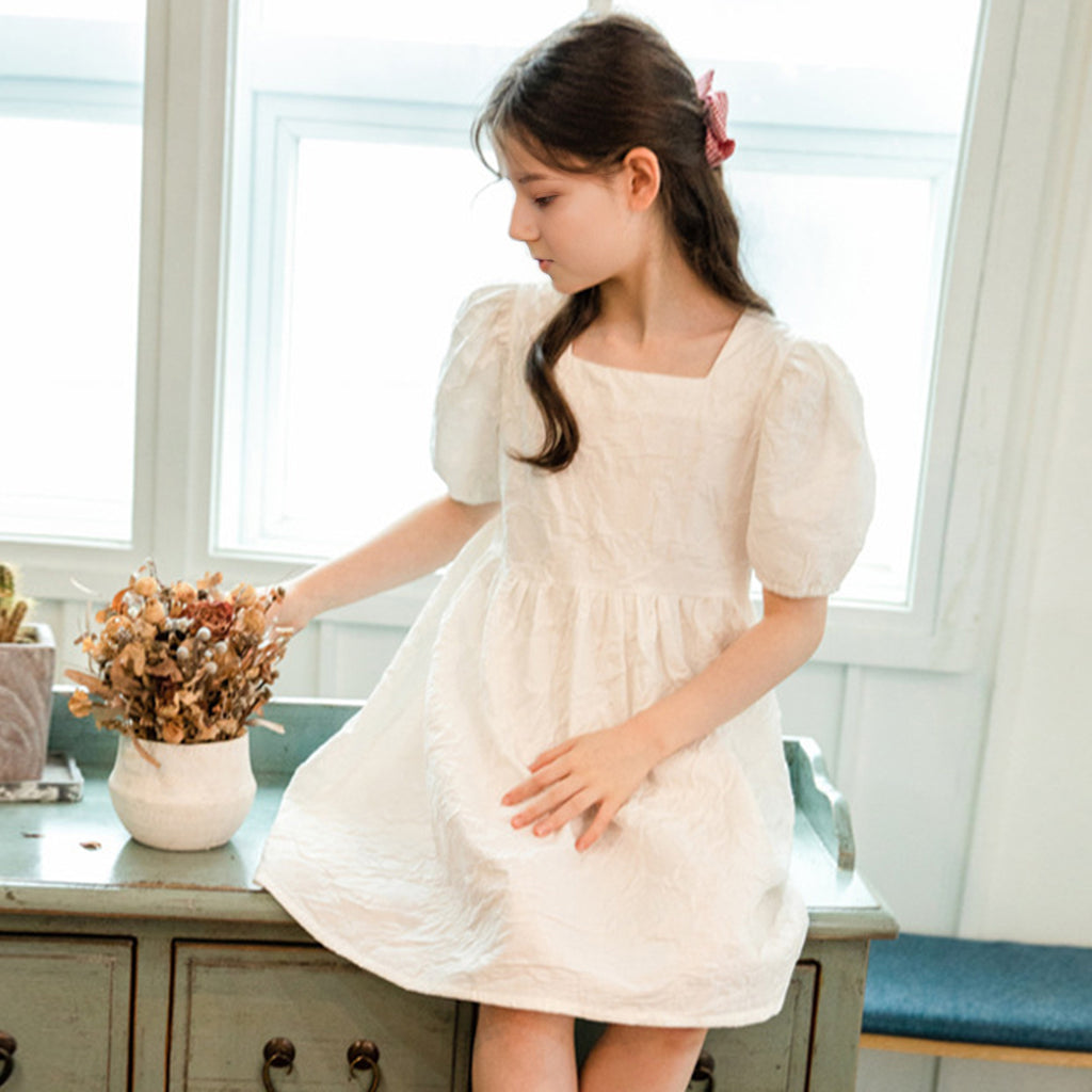 Girls Textured Puff Sleeves Fit & Flared Dress Casual Dresses White 6-7 Y 