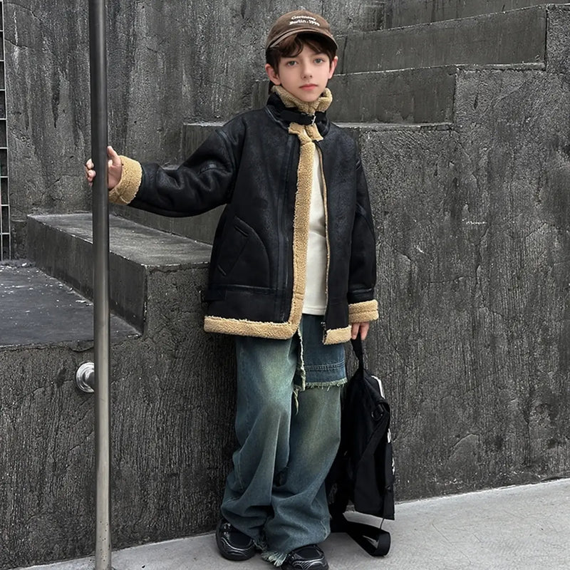 Boys Black Faux Leather Heavy Jacket With Fleece Lining Coats & Jackets