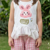 Girls Pink Rabbit Printed Sleeveless Top With Checked Crop Pants Set Sets