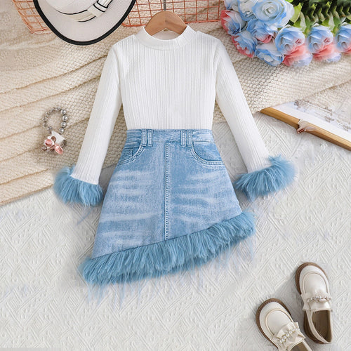 Girls White Textured Long Sleeve Top With Denim Skirt Sets 2 pc. Sets White 3-4 Y