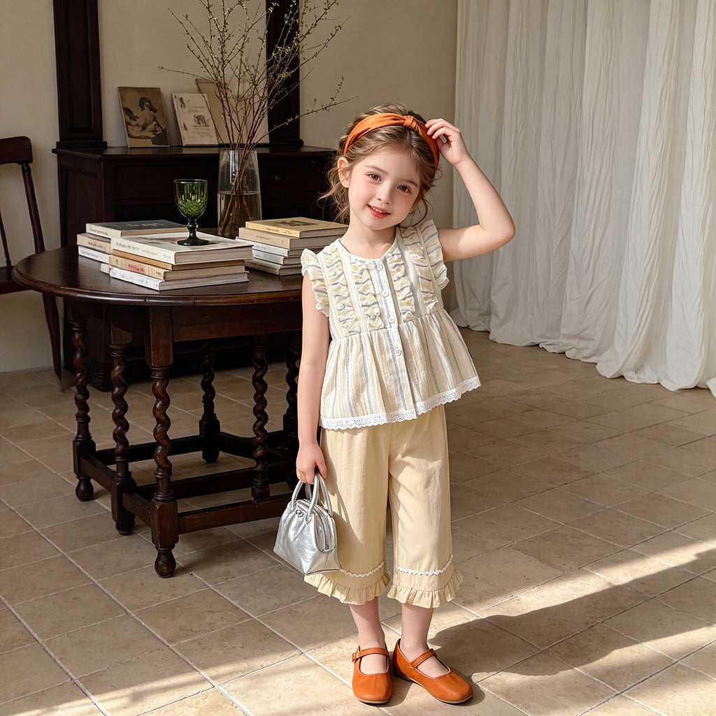 Girls Light Yellow Striped Ruffle Top With Capri Sets 2 pc. Sets