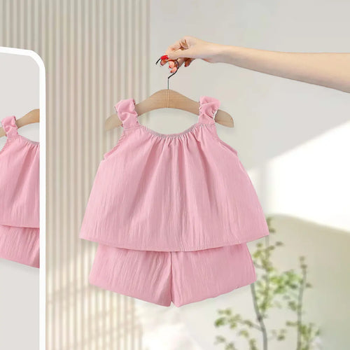 Girls Pink Flower Applique Ruffle Top With Elasticated Shorts Sets 2 pc. Sets