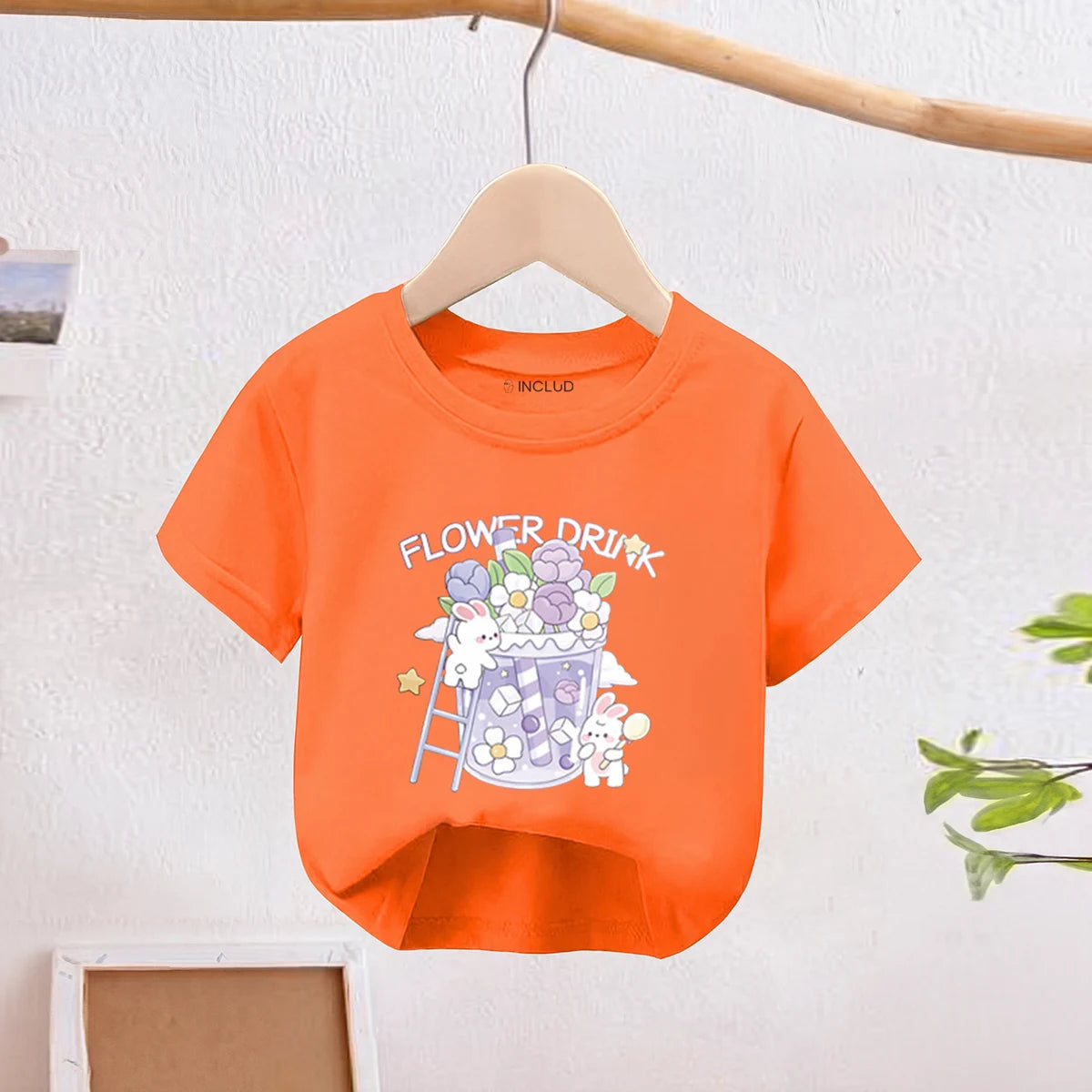 Girls Orange Short Sleeve Floral Print T-Shirt Tshirts