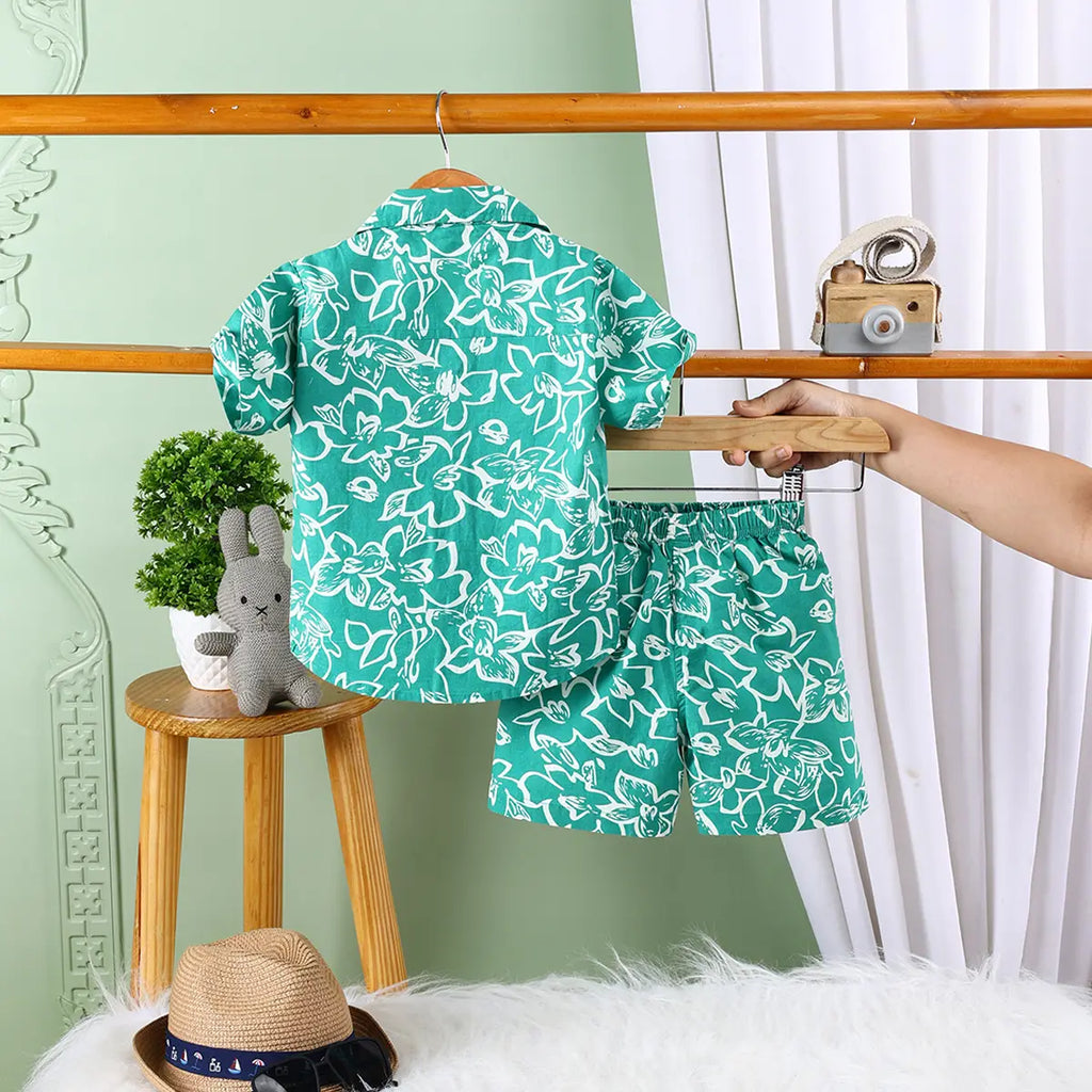 Boys Green Floral Printed Short Sleeve Shirt With Elasticated Shorts Sets Sets