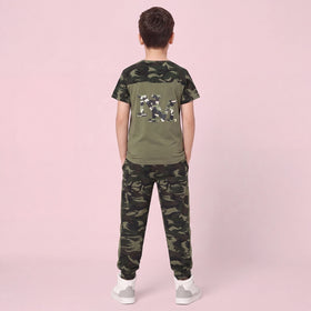 Boys Olive Green Camouflage Print Short Sleeve T-Shirt With Pants Sets 2 pc. Sets