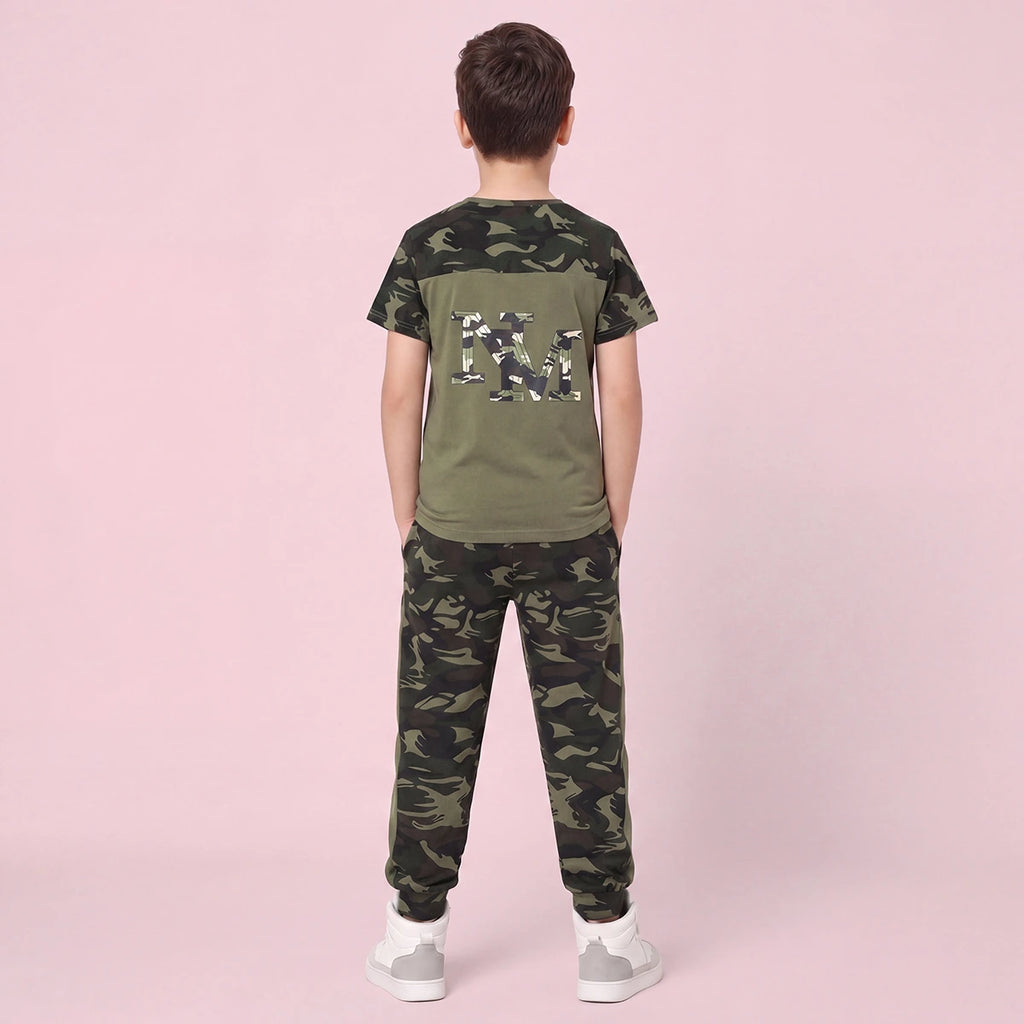 Boys Olive Green Camouflage Print Short Sleeve T-Shirt With Pants Sets 2 pc. Sets