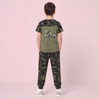 Boys Olive Green Camouflage Print Short Sleeve T-Shirt With Pants Sets 2 pc. Sets