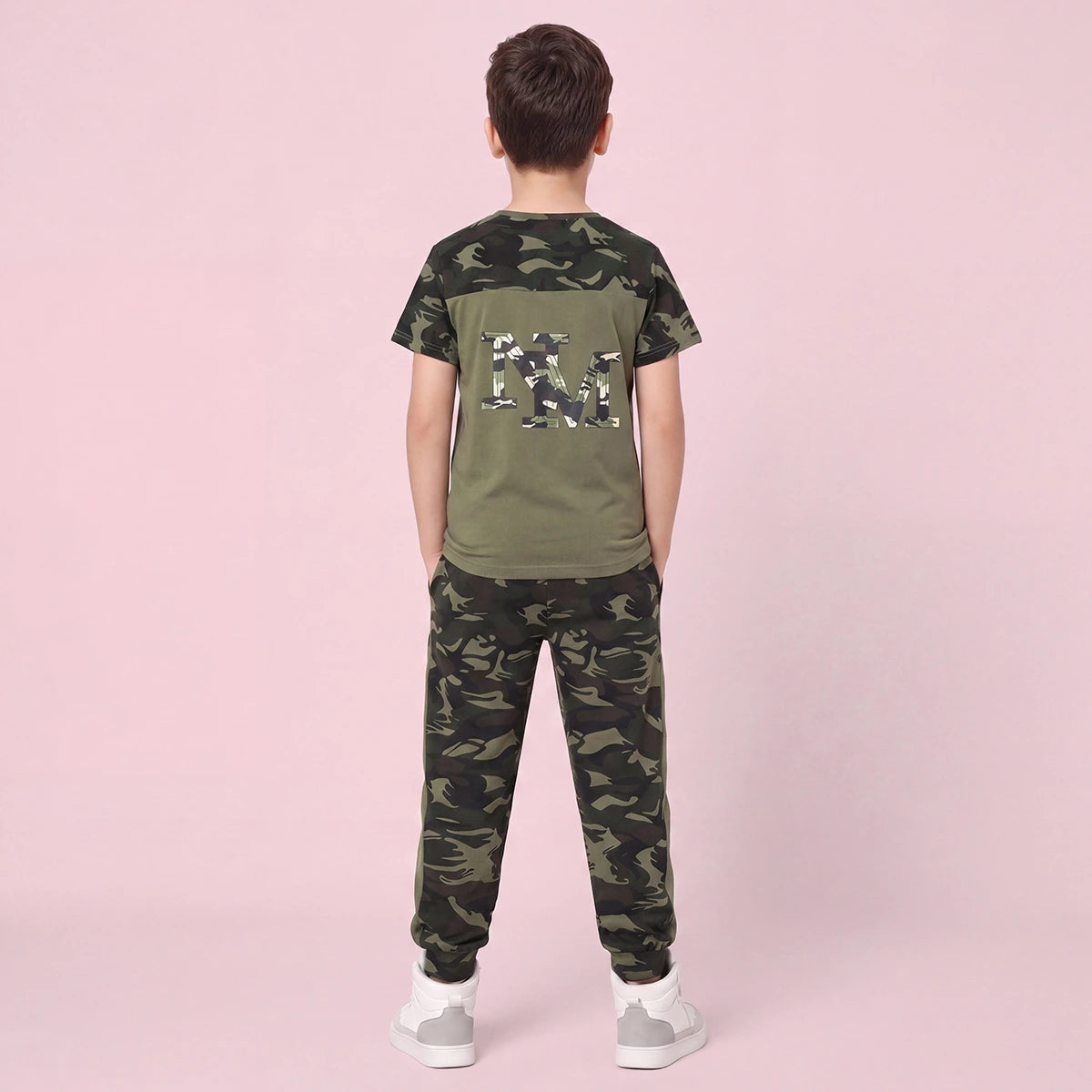 Boys Olive Green Camouflage Print Short Sleeve T-Shirt With Pants Sets 2 pc. Sets