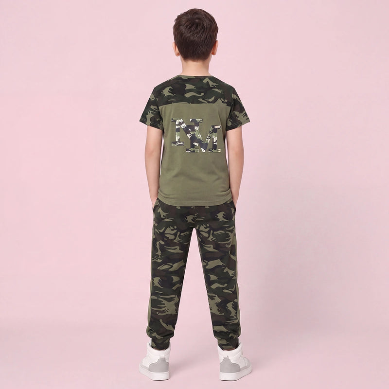 Boys Olive Green Camouflage Print Short Sleeve T-Shirt With Pants Sets 2 pc. Sets