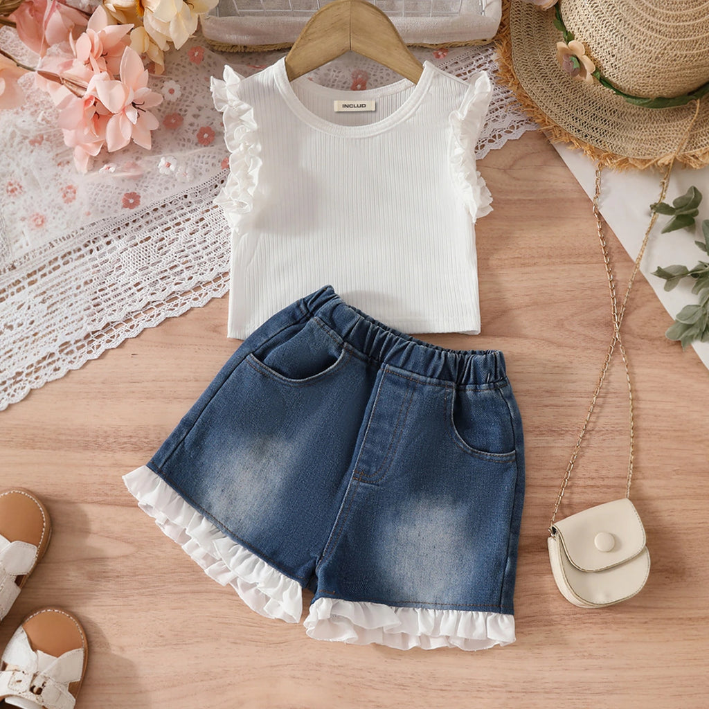 Girls White Sleeveless Top With Denim Shorts Set Sets White 3-4 Y