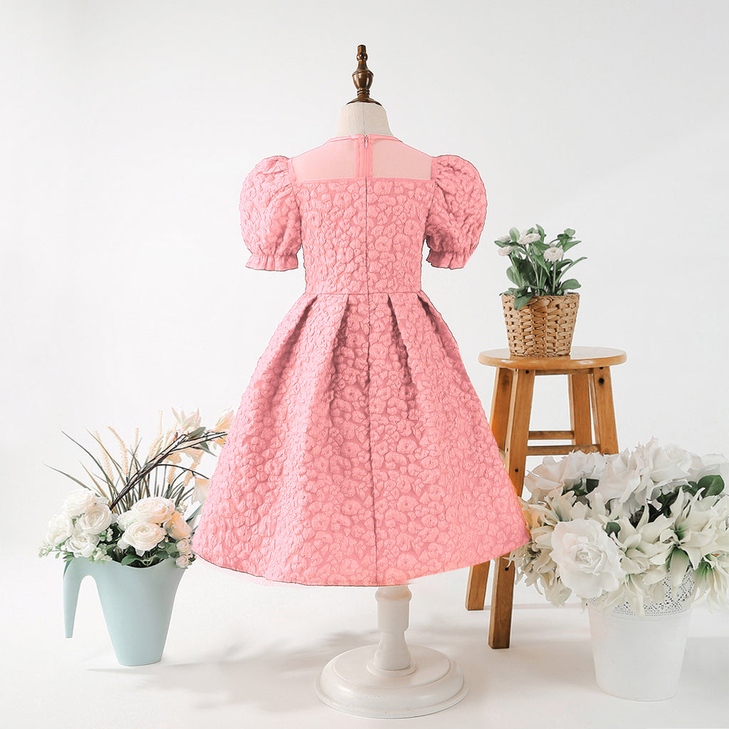 Girls Pink Puff Sleeve Fit & Flare Textured Dress Casual Dresses