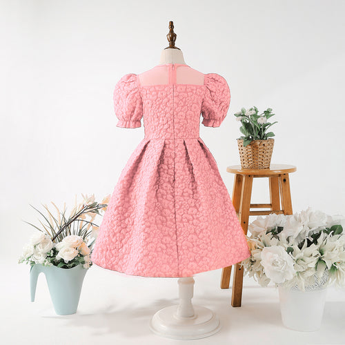 Girls Pink Puff Sleeve Fit & Flare Textured Dress Casual Dresses