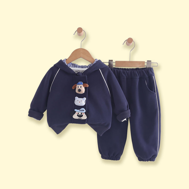 Boys Navy Blue Applique Hooded Zip-up Sweatshirt With Pants Sets Sets Navy Blue 1-2 Y
