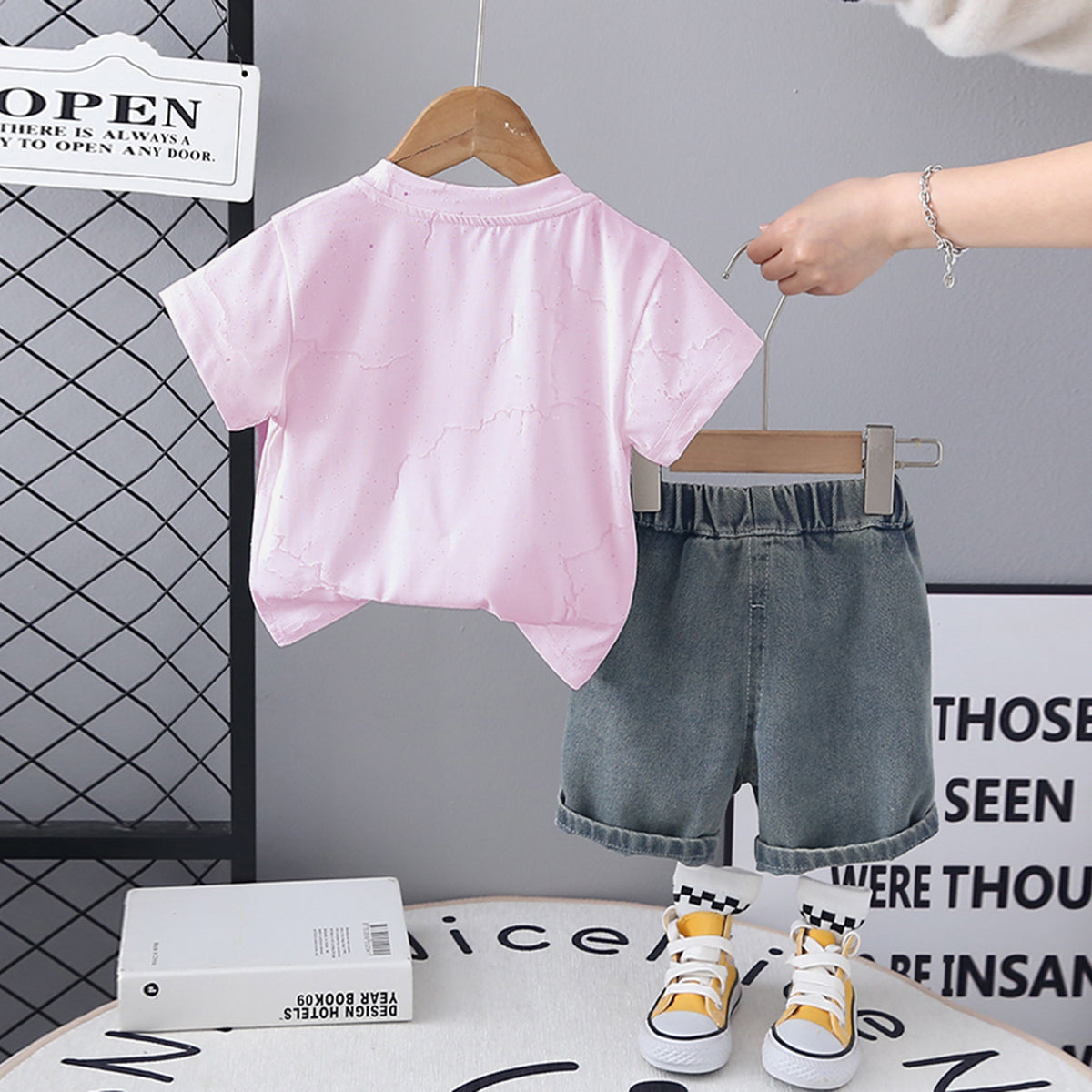 Boys Pink Short Sleeve Printed T-Shirt With Neck Chain And Denim Shorts Set 3 pc. Sets