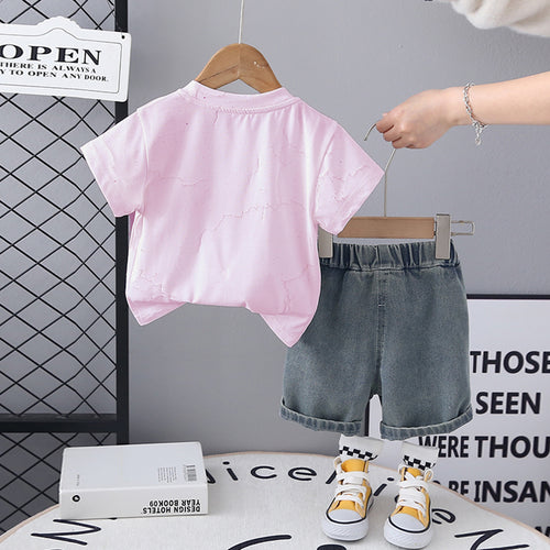 Boys Pink Short Sleeve Printed T-Shirt With Neck Chain And Denim Shorts Set 3 pc. Sets
