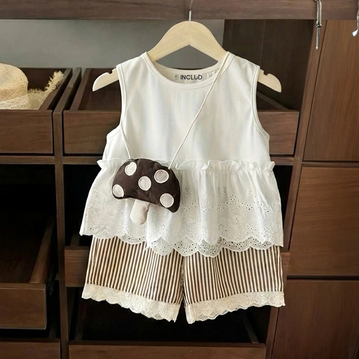 Girls White Sleeveless A-Line Top With Stripe Pants & Sling Bag Sets Sets White 1-2 Y