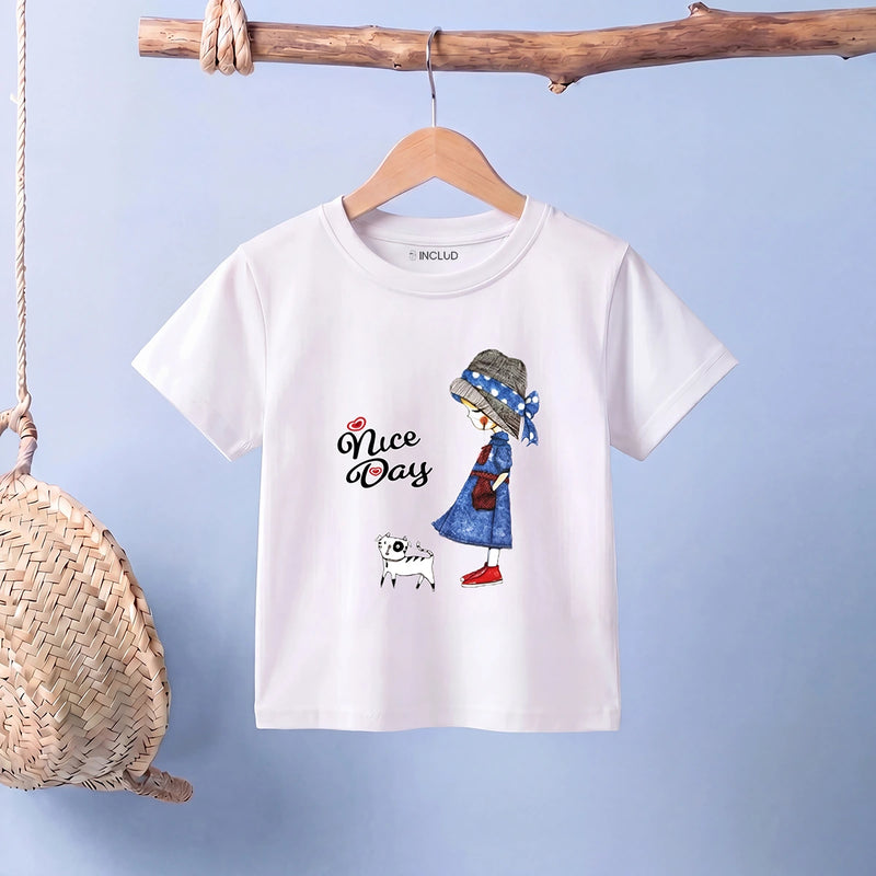 Girls White Nice Day Typography Print Short Sleeve T-Shirt Tshirts White 1-2 Y