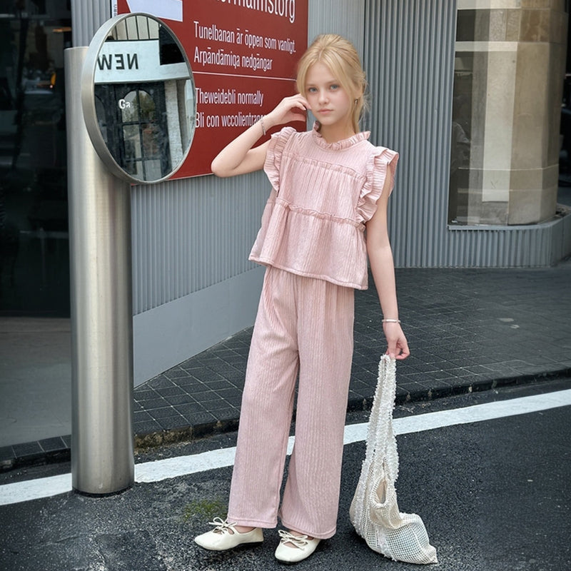 Girls Pink Textured Summer Top With Pants Sets 2 pc. Sets Pink 5-6 Y