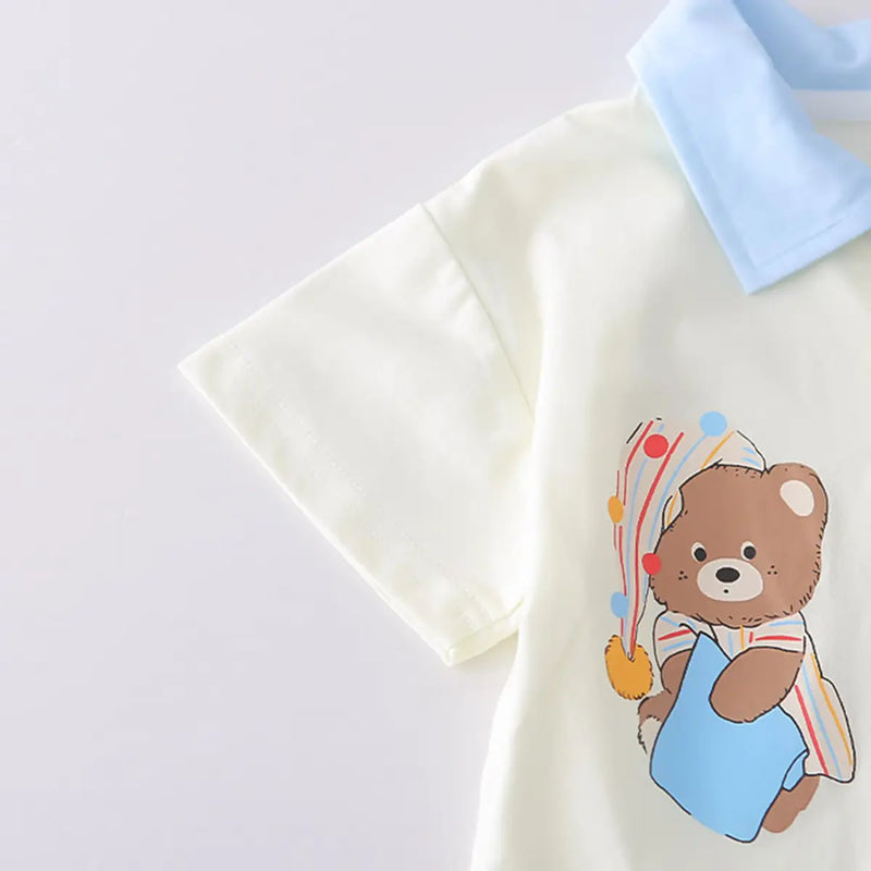 Boys Beige Bear Print Polo T-Shirt With Denim Shorts Sets Sets