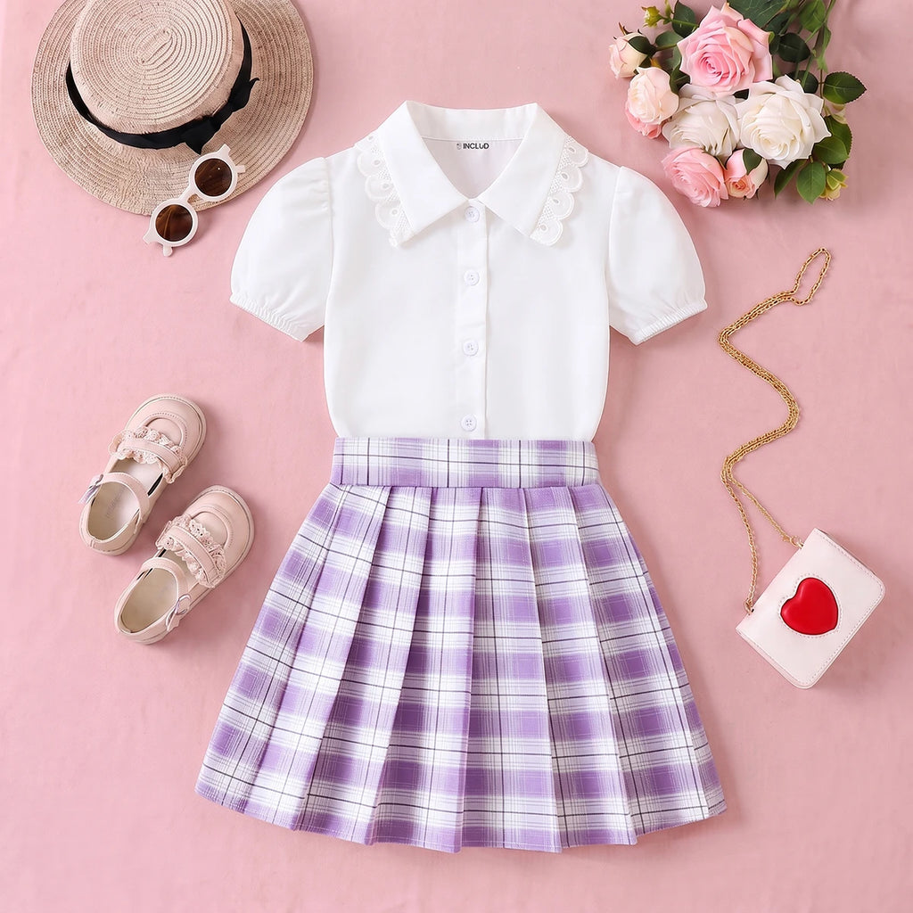 Girls White Puff Sleeve Shirt With Checked Pleated Skirt Sets 2 pc. Sets White 3-4 Y