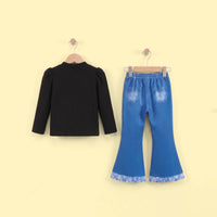 Girls Black Heart Print Puff Sleeve Top With Pants Sets 2 pc. Sets