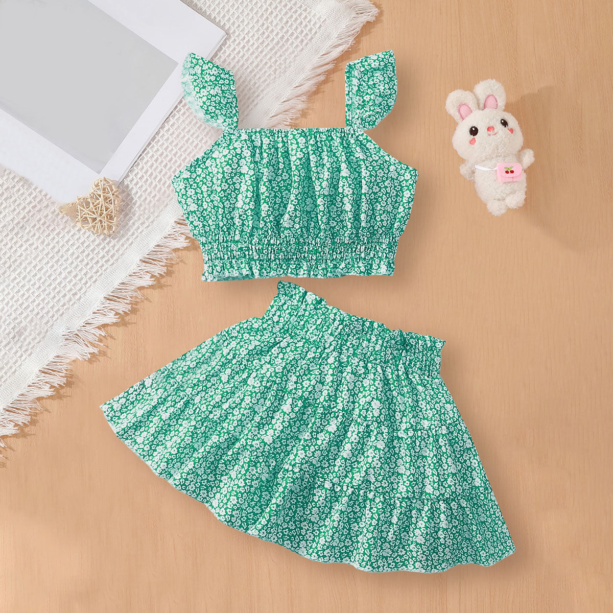 Girls Green Floral Printed Sleeveless Top With Tiered Skirt Set 2 pc. Sets