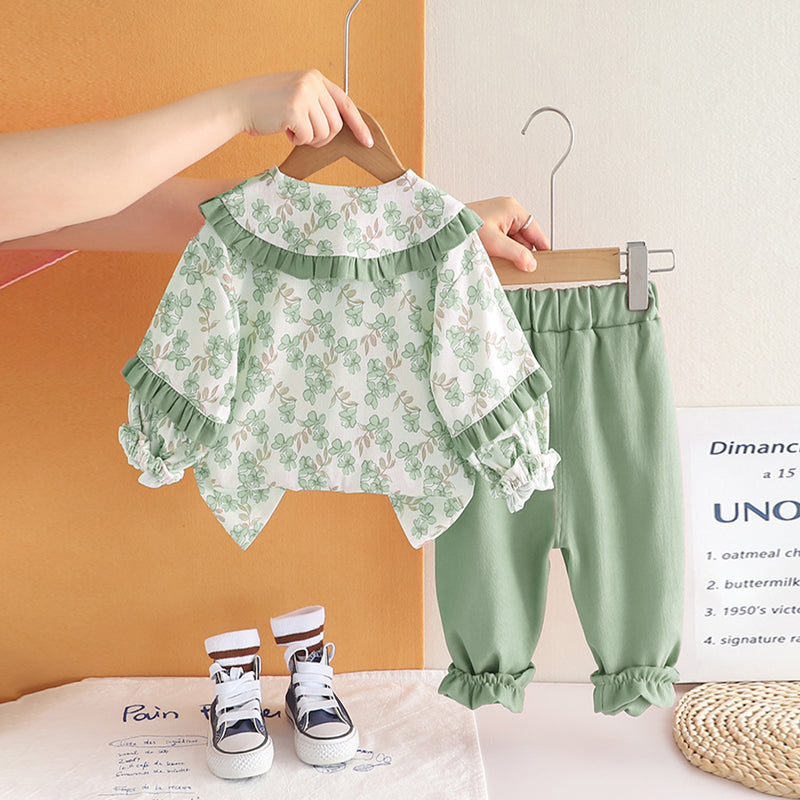 Girls Green Floral Printed Top With Pants Set 2 pc. Sets