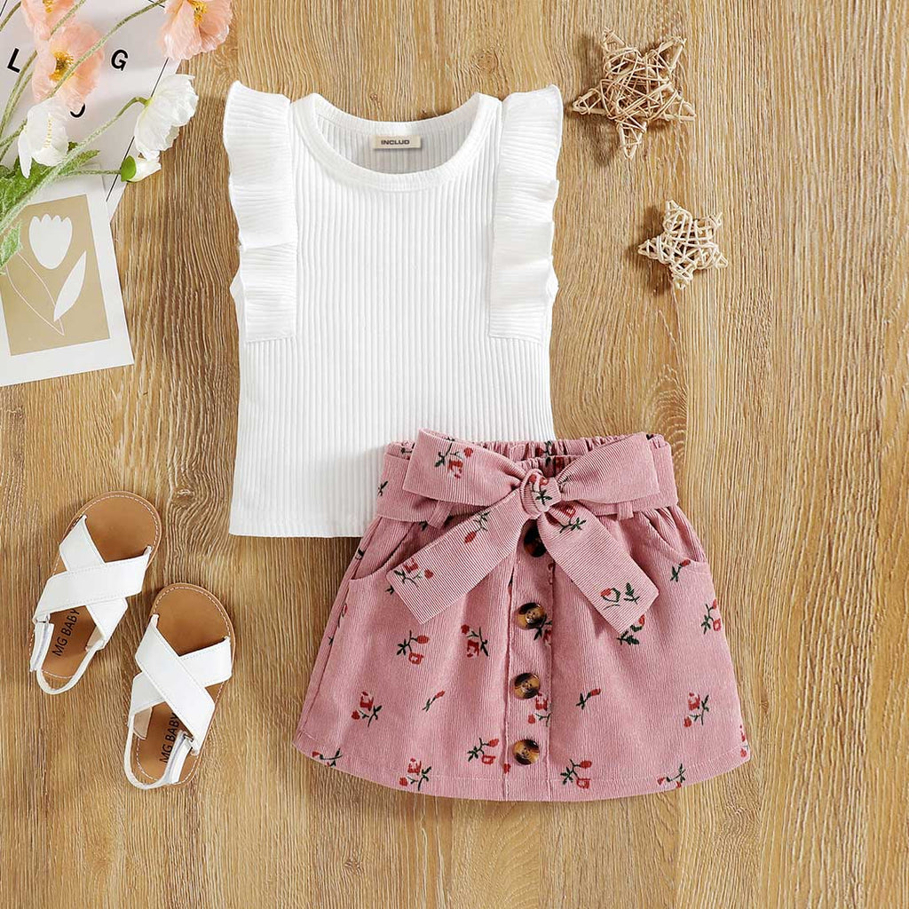 Girls Flared Sleeve Knitted Top With Floral Printed Corduroy Skirt Set