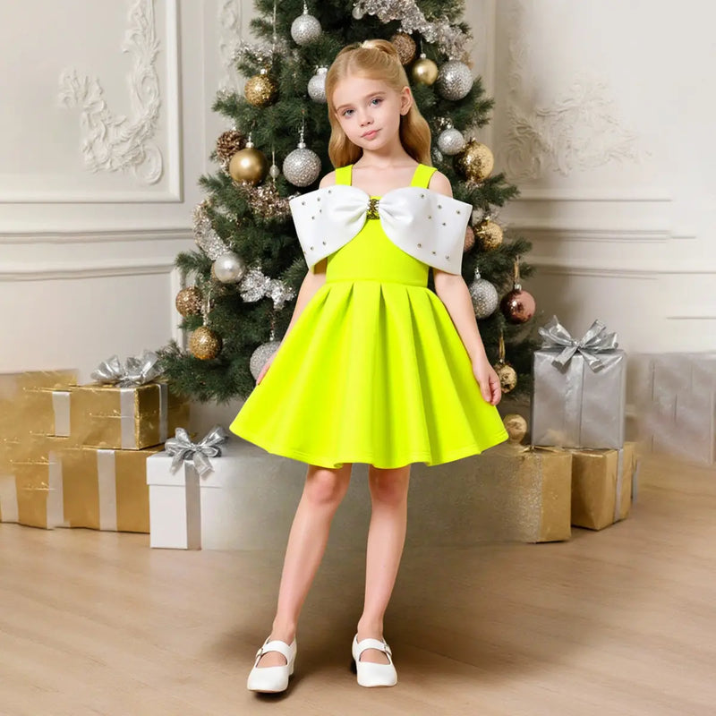 Girls Lime Yellow Sleeveless Fit & Flare Party Wear Dress With Elegant Bow Detail Party Dresses