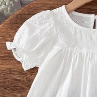 Girls White Schiffli Embroidered Puff Sleeve Top With Checked Pants Sets 2 pc. Sets
