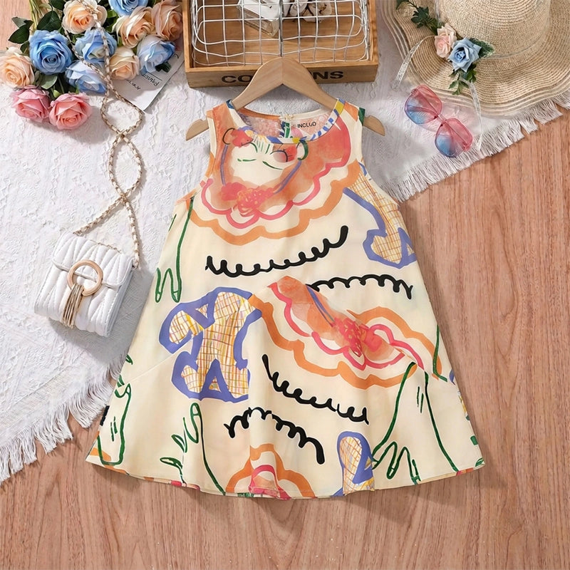 Girls Multicolor Abstract Printed Sleeveless A-Line Dress Casual Dresses Multicolor 2-3 Y