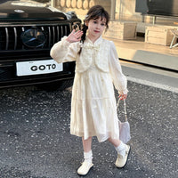 Girls Off White Embroidered Tiered Party Dress With Long Sleeves Party Dresses