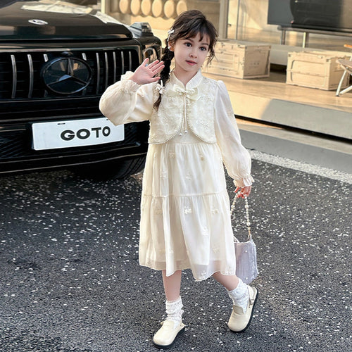 Girls Off White Embroidered Tiered Party Dress With Long Sleeves Party Dresses