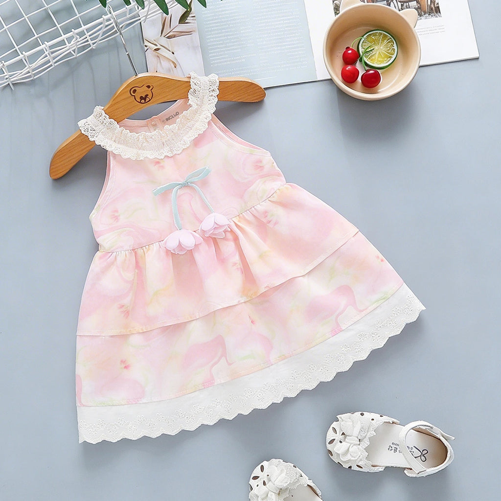 Girls Pink Floral Print Tiered Fit And Flare Dress Casual Dresses Pink 1-2 Y