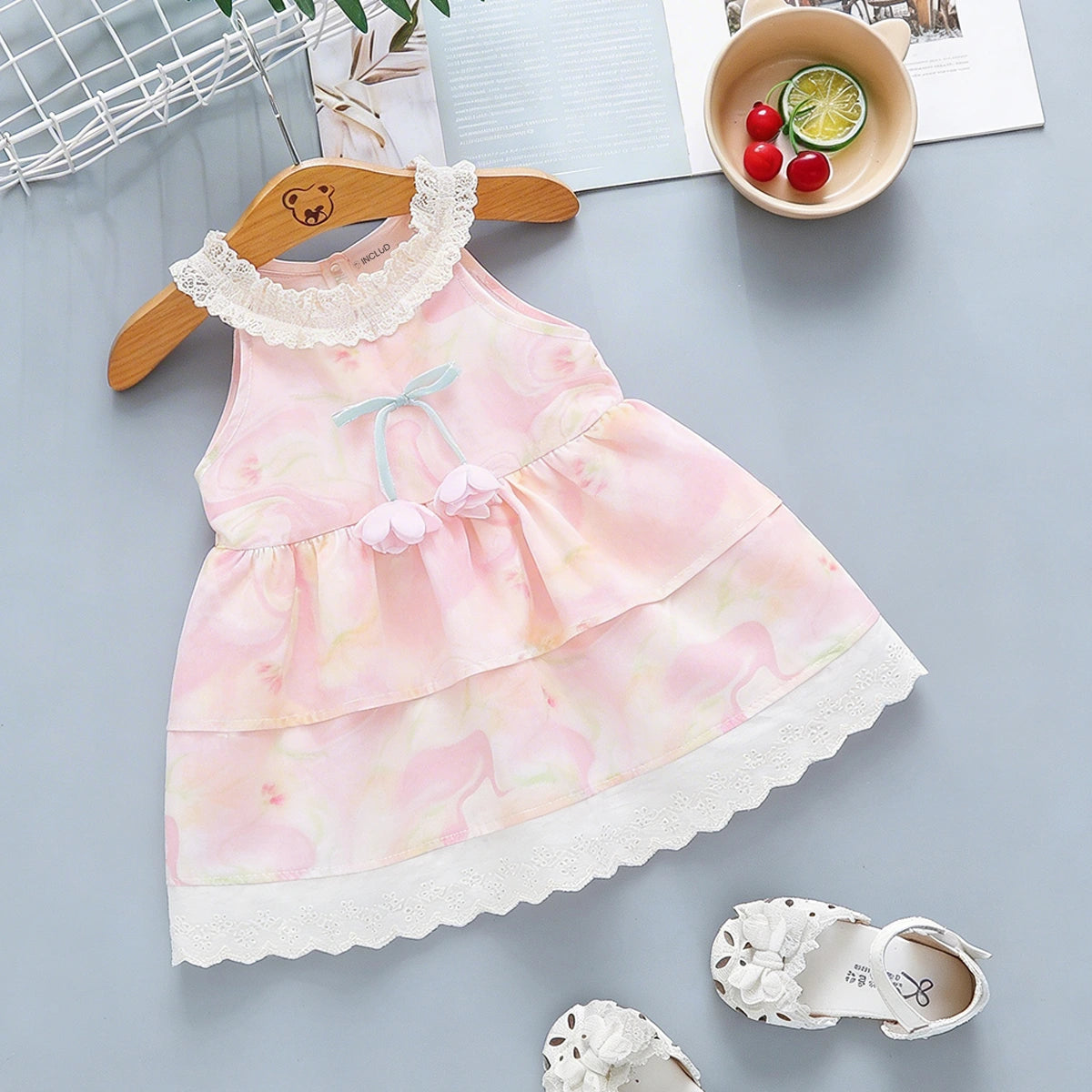 Girls Pink Floral Print Tiered Fit And Flare Dress Casual Dresses Pink 1-2 Y