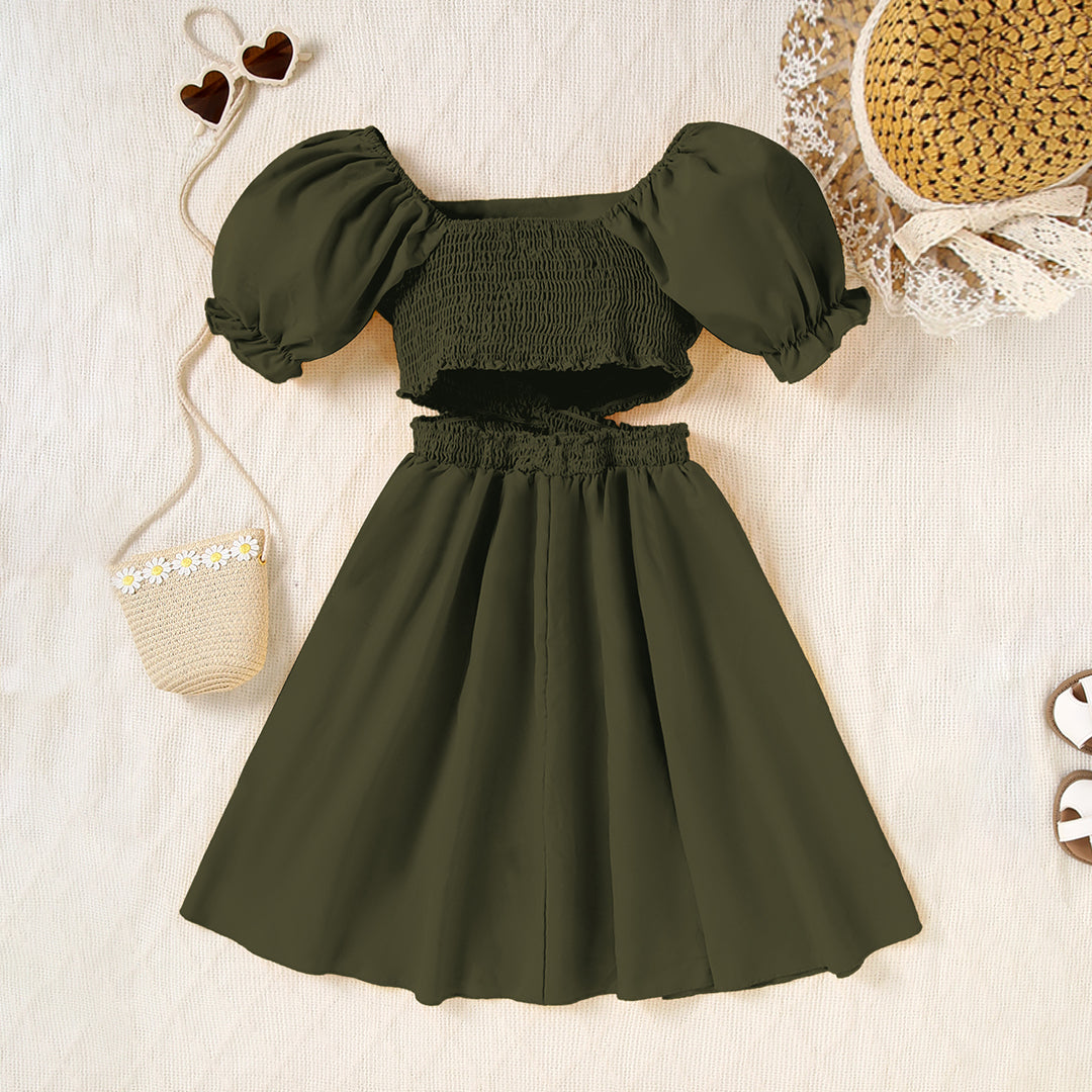 Girls Army Green Square Neck Short Sleeve Cross Waist Dress INCLUD Girls Army Green Square Neck Short Sleeve Cross Waist Dress INCLUD