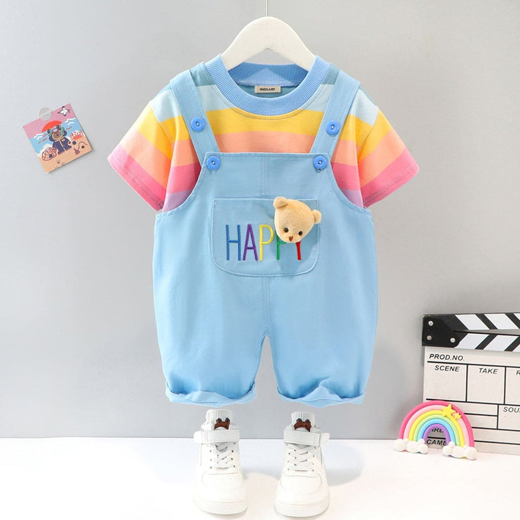 Boys Multi Color Stripe T-Shirt With Dungaree Set 2 pc. Sets Light Blue 1-2 Y 