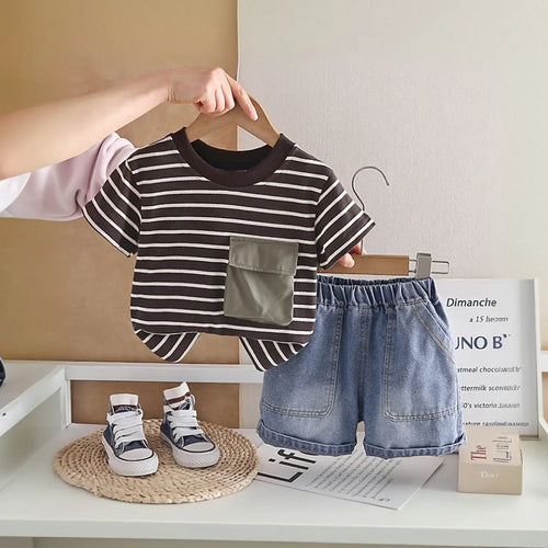 Boys Dark Brown Striped T-Shirt With Pocket & Denim Shorts Sets Sets Dark Brown 1-2 Y