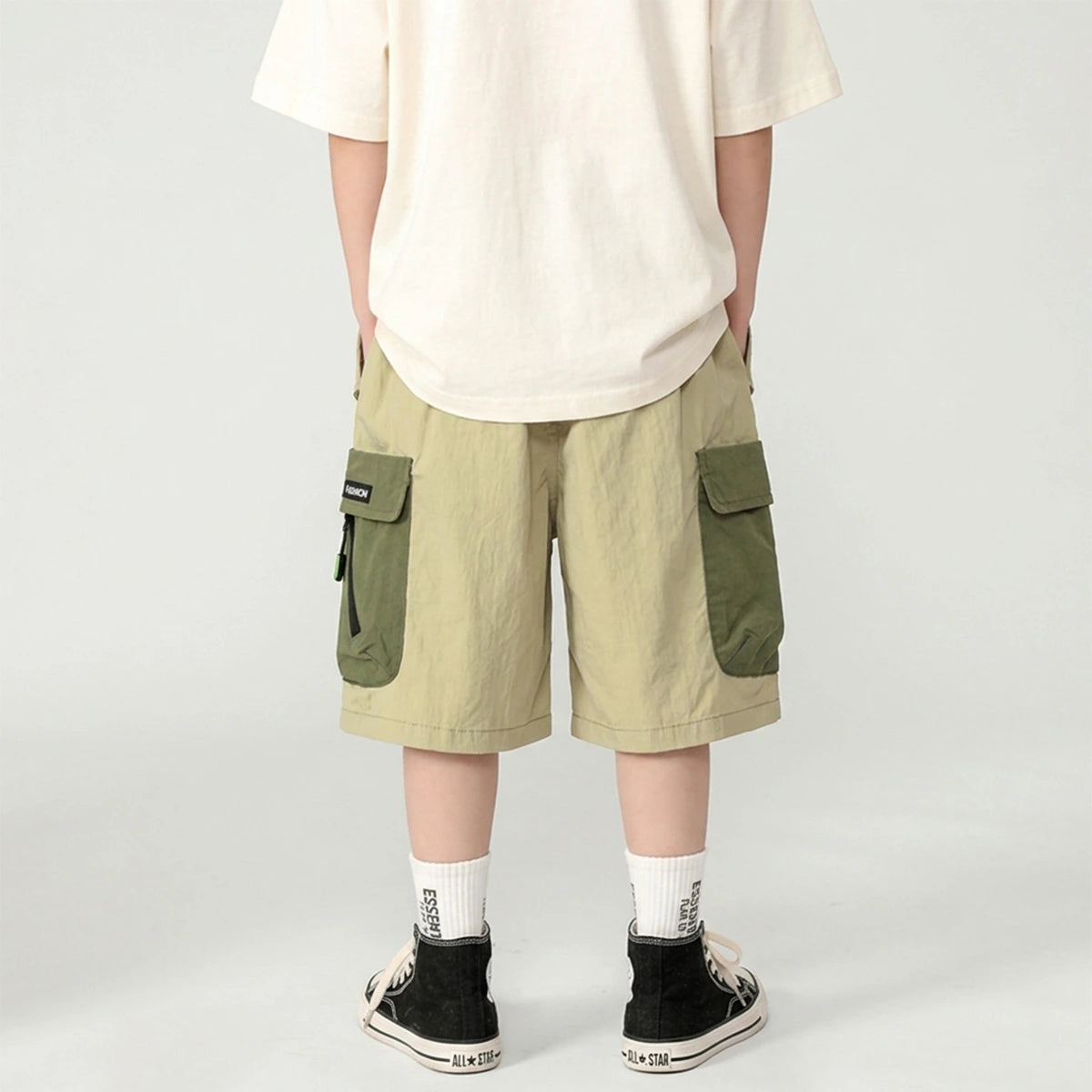 Boys Khaki Cotton Cargo Shorts with Contrast Flap Pockets Shorts