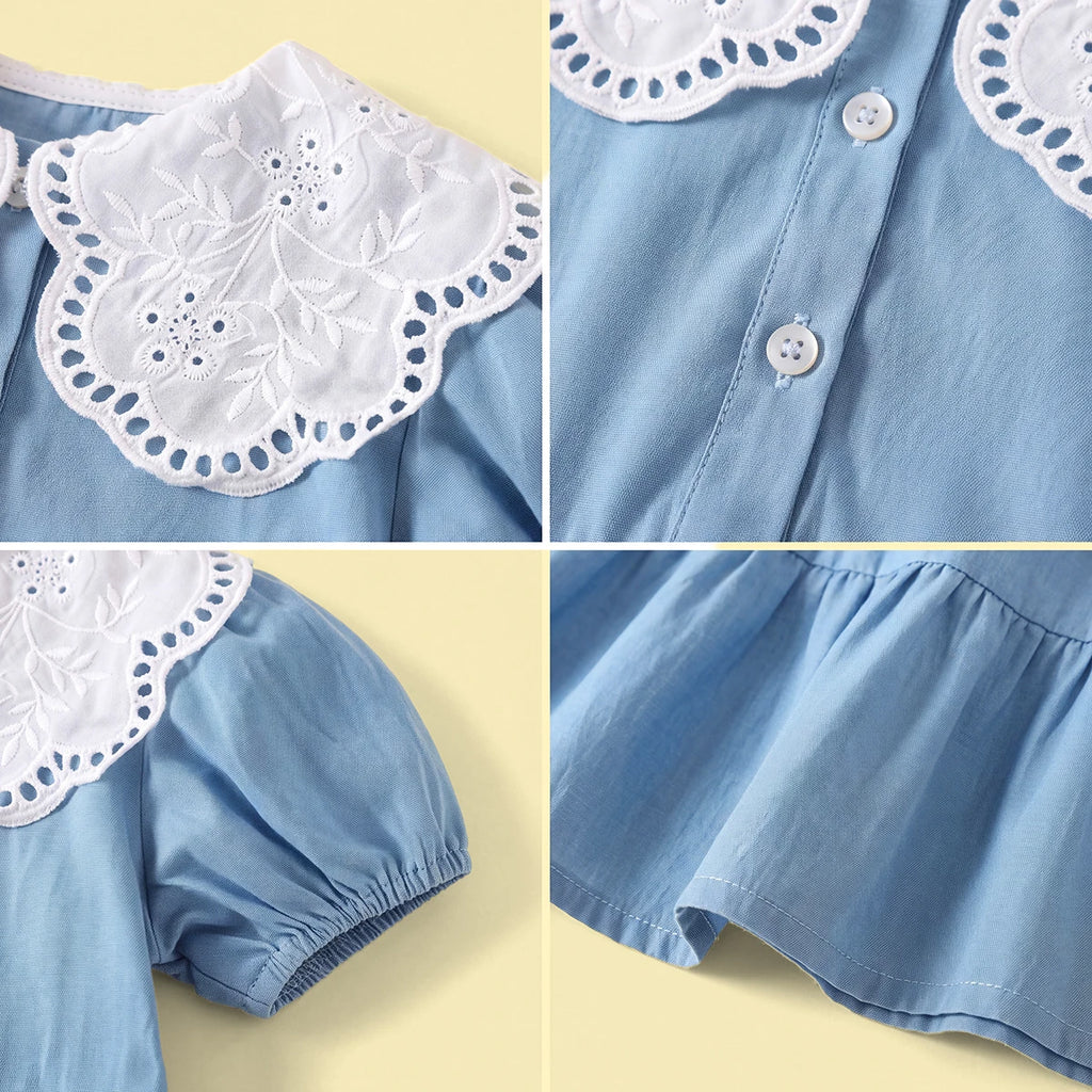 Girls Light Blue Short Sleeve Tiered Dress Casual Dresses