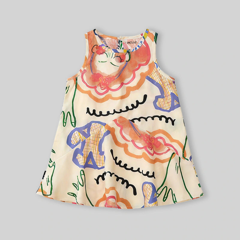 Girls Multicolor Abstract Printed Sleeveless A-Line Dress Casual Dresses