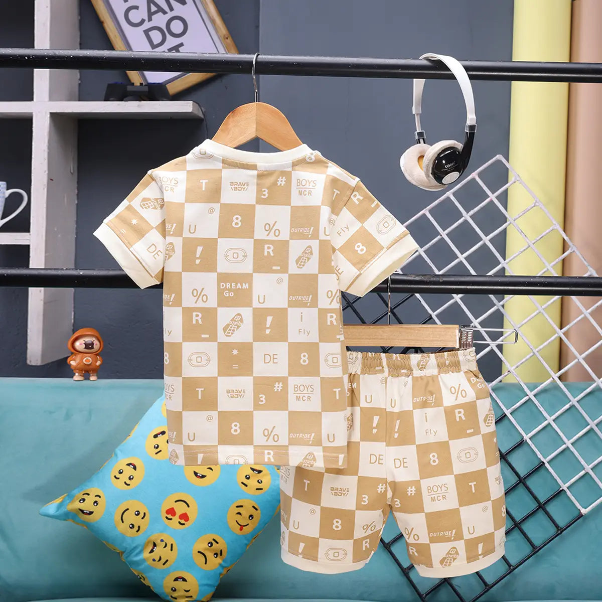 Boys Light Brown Check Graphic T-Shirt With Elasticated Shorts Sets Sets
