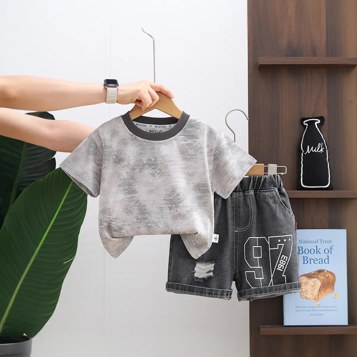 Boys Grey Tie-dye Printed T-Shirt With Denim Shorts Set Sets Grey 1-2 Y