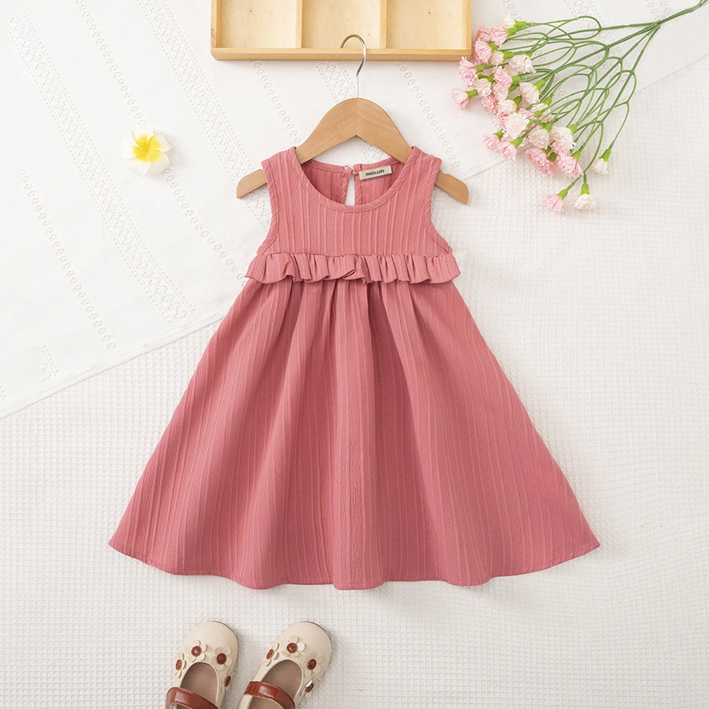Girls Pink Self Stripes Sleeveless Fit & Flare Dress Casual Dresses Pink 1-2 Y