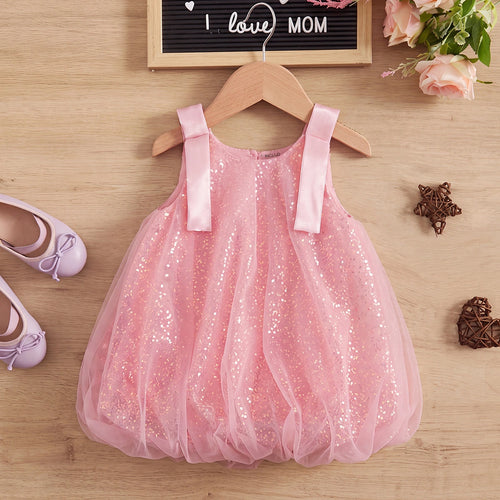 Girls Pink Sleeveless Sequins Embellished Balloon Dress Casual Dresses Pink 1-2 Y