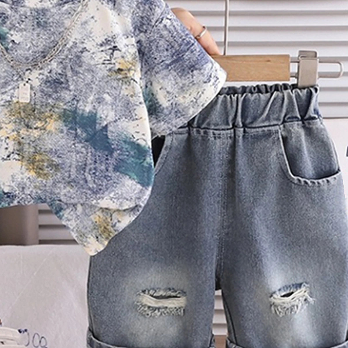 Boys Grey Abstract Printed Short Sleeve T-Shirt with Distressed Denim Shorts Sets 2 pc. Sets