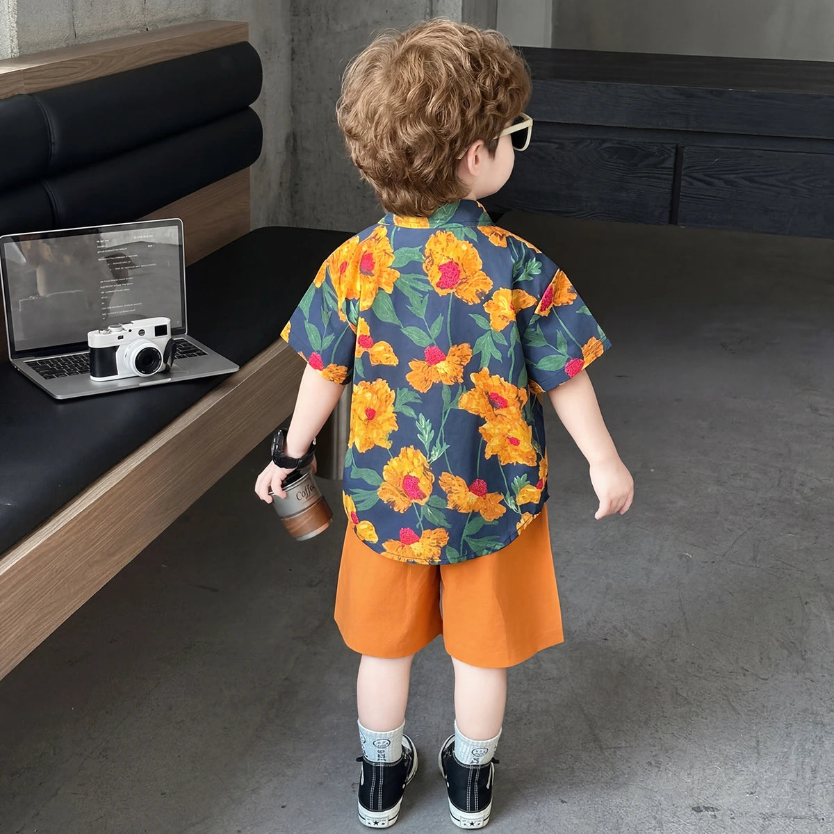 Boys Orange Floral Print Shirt With Shorts Sets Sets