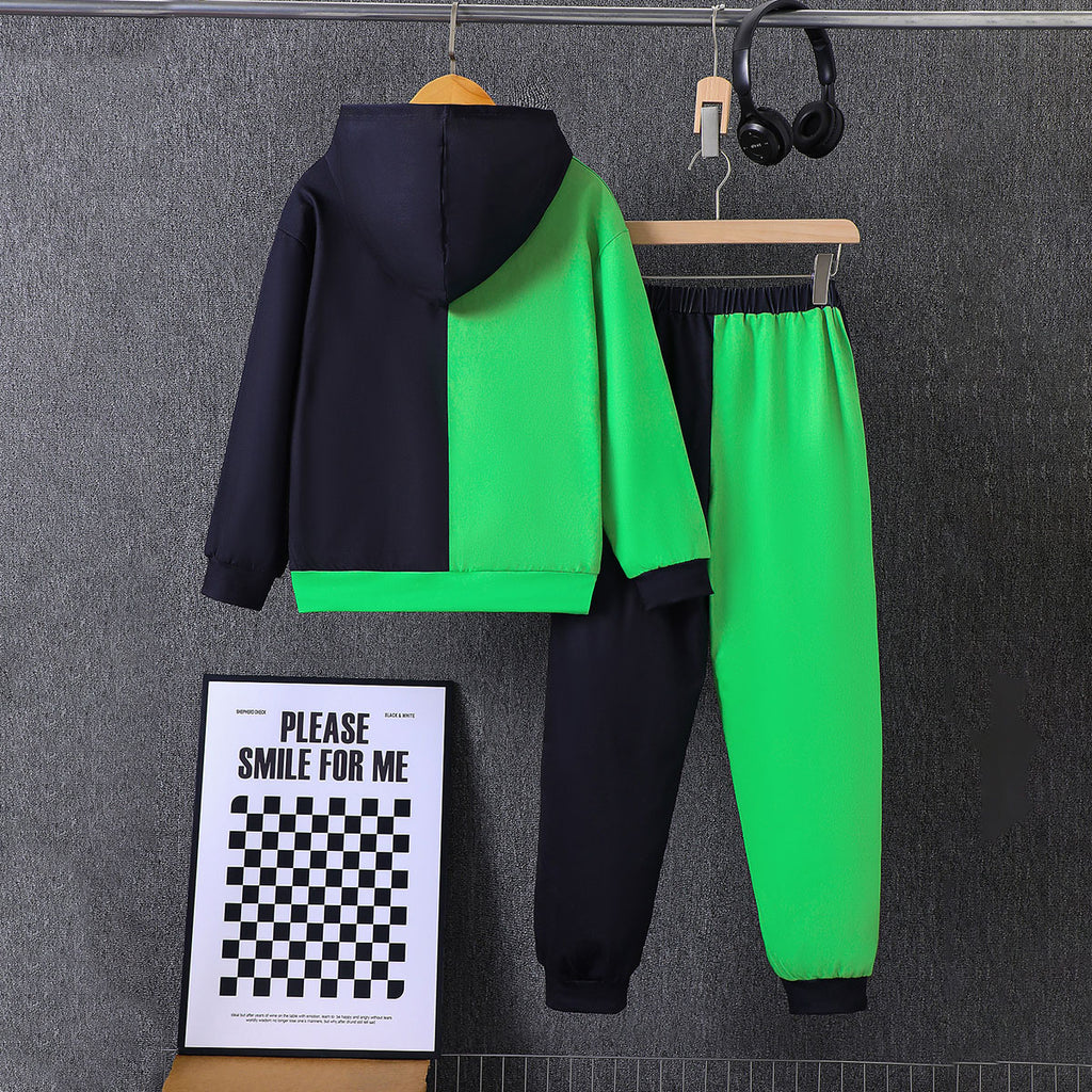 Boys Green Typographic Printed Hooded Neck Sweatshirt With Jogger Winter Co-ord Set 2 pc. Sets