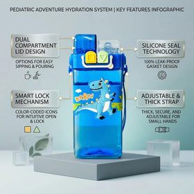 Kids Blue Dinosaur Dual-Spout Sipper Water Bottle with Strap Trending Accessories